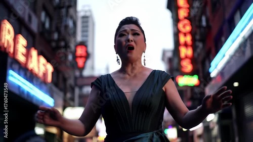 A woman in an elegant dress sings powerfully on a city street, showcasing passion and emotion against a backdrop of illuminated signs.