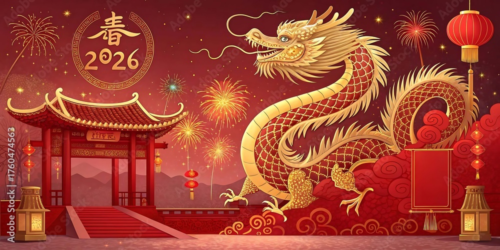 Fototapeta premium Golden dragon with Chinese traditional architecture, fireworks, and lanterns celebrating the Chinese new year of the dragon 2026.