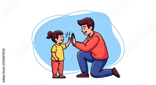 Happy cartoon father and little daughter sharing a high-five, a moment of family bonding