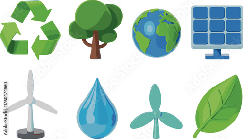 Eco friendly icons collection with recycle symbol, solar panel, wind turbine, green leaf, earth globe, tree, water drop illustration
