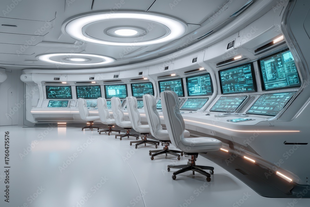 Fototapeta premium Futuristic command center, high-tech workstations, glowing screens.