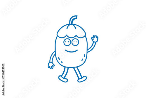 Blue line art shows a smiling pepper waving while walking forward joyfully