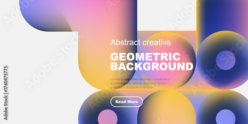 Abstract geometric shapes, vibrant colors, modern design. Text includes geometric background, plus sample text, button. Minimalist aesthetic.