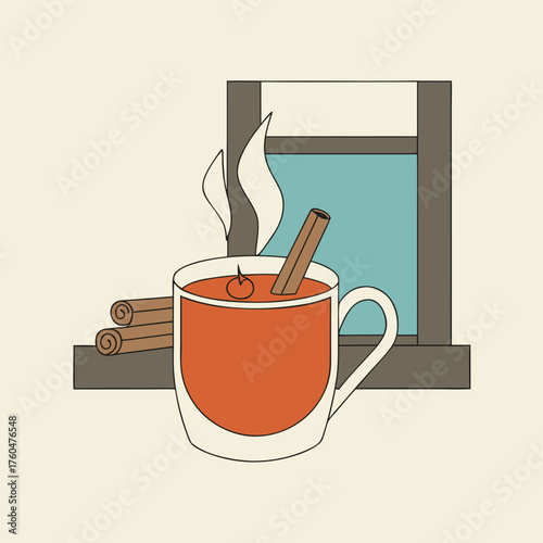 Hot drink in mug with cinnamon sticks by window in warm setting  
