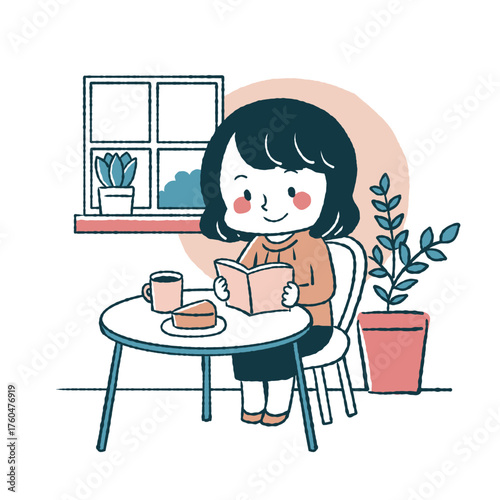 カフェで読書をしている女性