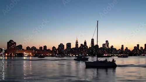 Stunning dusk view showcases a city skyline illuminated by bright lights across the reflective water with sailboat silhouetted in the foreground, creating a serene atmosphere.