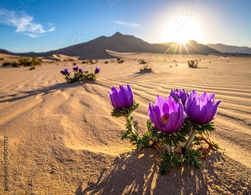 Fototapeta Naklejka Na Ścianę i Meble -  Purple desert flowers with a sunny backdrop of sand dunes