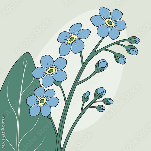 Blue forget-me-not flowers with green leaves on soft background  