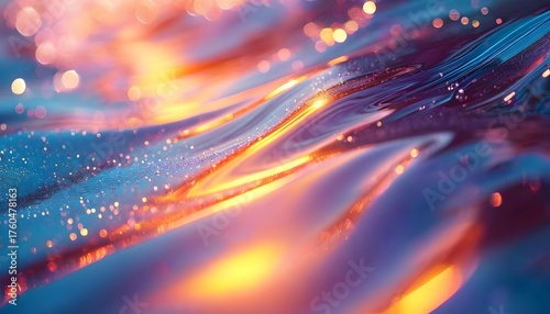 Abstract depiction of flowing liquid with shimmering light, featuring blue and orange hues and a sense of movement and fluidity.
