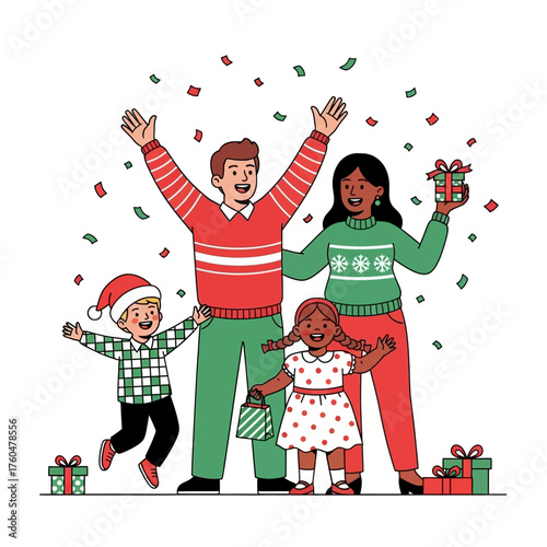 Joyful multiracial family with children celebrating a festive holiday.