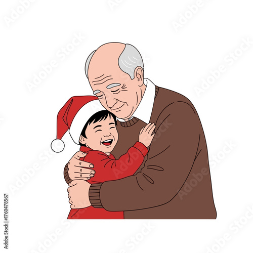 Loving grandfather embracing his happy grandchild wearing a Santa hat.