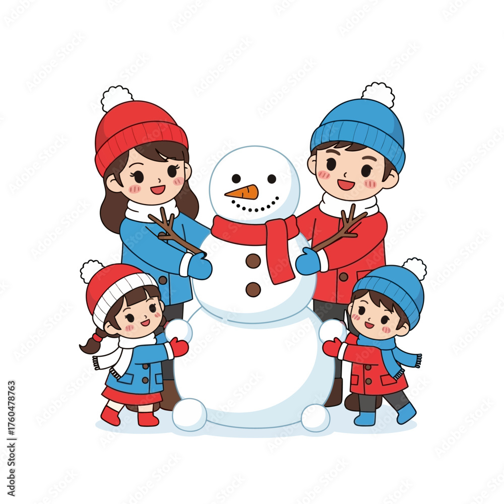 Fototapeta premium Happy family building a snowman together in winter clothes.