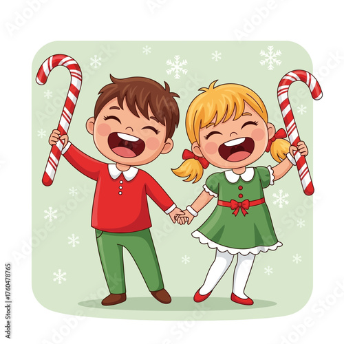 Happy Children Holding Candy Canes and Laughing.