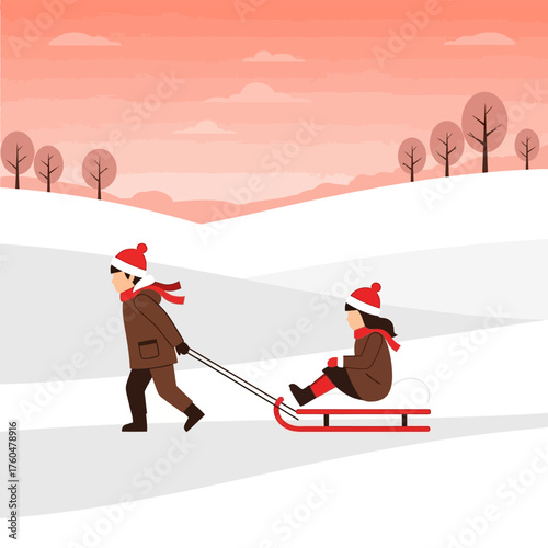 Two children in winter clothes playing with a sled in the snow.