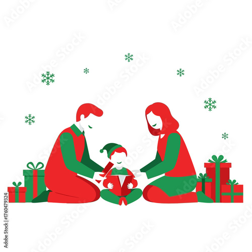 Family Christmas celebration with gifts and snowflakes in a festive scene.