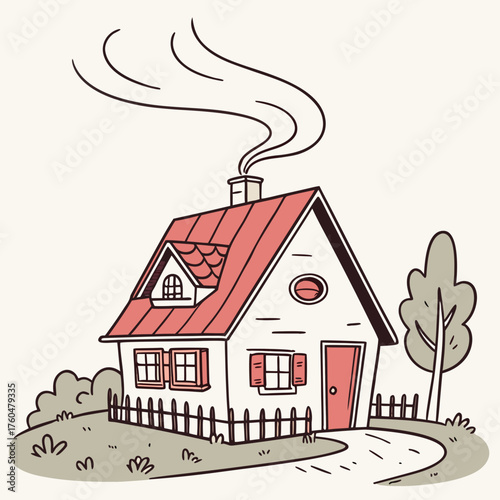 Cozy cartoon house with smoke rising from chimney in nature  