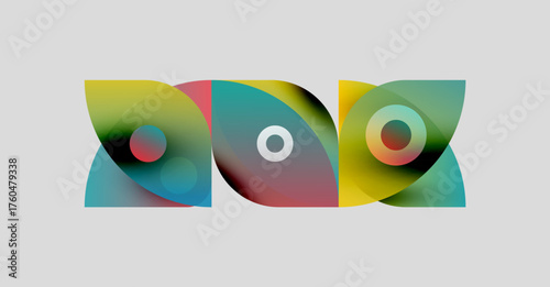 Abstract colorful shapes overlap, creating dynamic visual composition. Gradients blend, forming fluid forms against light background.