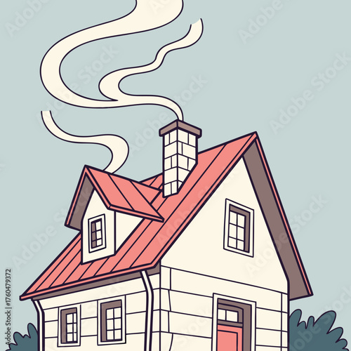 Cozy house with smoke from chimney surrounded by greenery  
