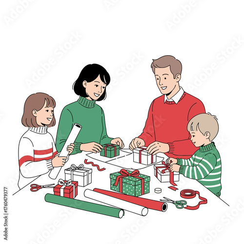 Family Christmas Gift Wrapping Together Festive Holiday Season.