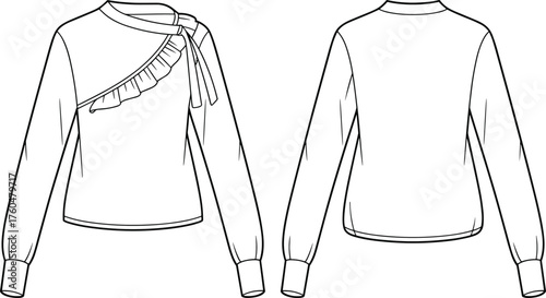 Asymmetrical blouse sketch, long sleeve fashion drawing, ruffle detail, bow accent, round neckline, technical flat, garment construction, apparel template