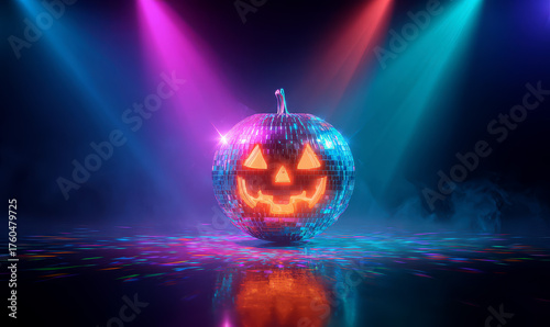 Halloween disco ball pumpkin with glowing face under colorful lights for spooky party celebration
