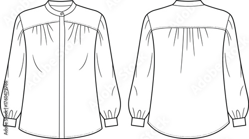 Blouse sketch, round neckline with stand collar, gathered yoke, button placket, long sleeves, technical flat, garment construction, fashion template