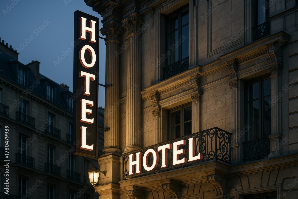 Obraz premium Elegant hotel facade with illuminated signage on classic building at dusk, showcasing hospitality and travel concept in urban architecture style. Ai generative