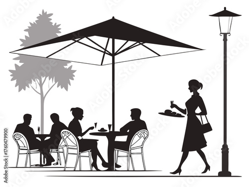 Silhouette of people dining outdoors with a waitress and street lamp in a black and white illustration created with generated ai