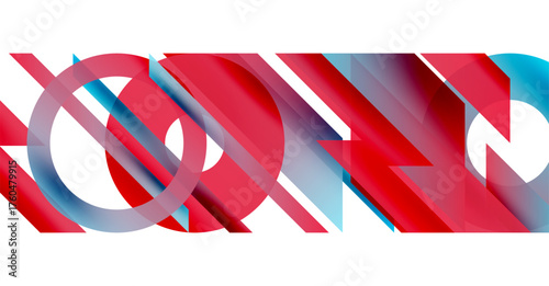 Abstract geometric composition. Overlapping shapes create dynamic visual effect. Red, blue hues dominate design. Minimalist style.