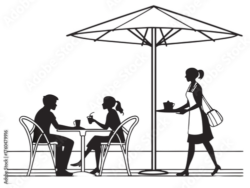 Silhouette of couple at outdoor cafe with waitress under umbrella in black and white illustration style created with generated ai