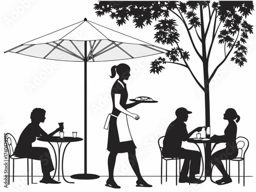 Silhouette of people at outdoor cafe with waitress, tables, chairs, tree, and umbrella shown in black and white created with generated ai