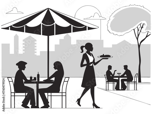 Silhouette of people dining outdoors with a waitress in front of a cityscape under an umbrella created with generated ai