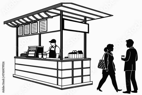 Illustration of a vendor in a kiosk serving customers with menu boards and coffee cups present here created with generated ai