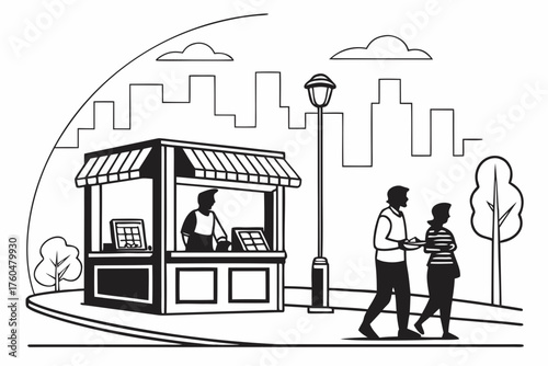Illustration of a street vendor with customers in a city park on a sunny day drawing style created with generated ai