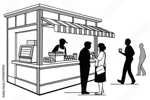 People buying food at a street vendor stall with a striped awning and a cashier serving customers outdoors created with generated ai