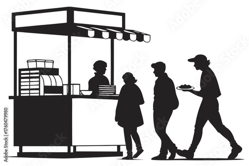 Silhouetted figures line up at a food stall with a person carrying a plate of food in their hand created with generated ai