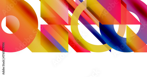 Abstract colorful shapes overlap, creating dynamic composition. Gradient hues blend, forming modern visual experience. Brightness contrasts with white space.