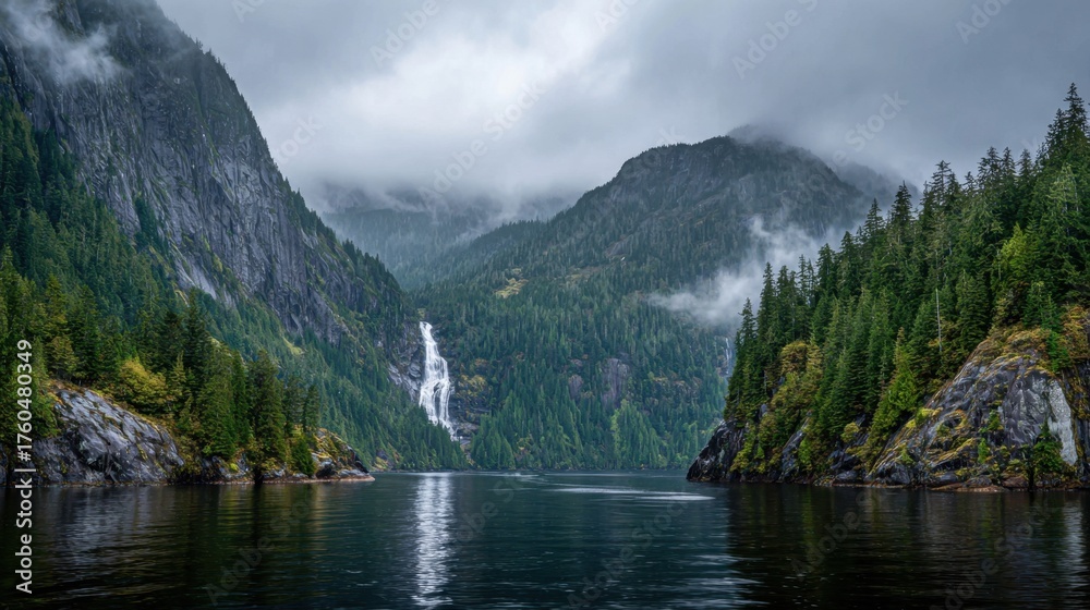 Fototapeta premium A quiet lake reflects the mountains under cloudy skies. A waterfall cascades down rocky cliffs while dense forests cover the mountainsides creating a serene nature scene.