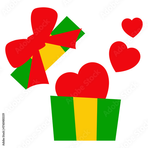 Logo con corazones saliendo de caja de regalo para tarjetas y felicitaciones de Navidad o del día de San Valentín 