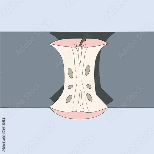 Apple core illustration in minimalist style on blue background  