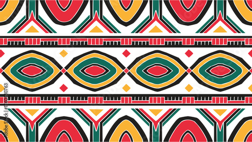 Tribal geometric seamless pattern in red green yellow and black, ethnic abstract design for fabric, wallpaper, or t shirt design