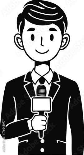 Black and white illustration of a smiling male reporter in a suit holding a microphone, ready to broadcast news or conduct an interview.