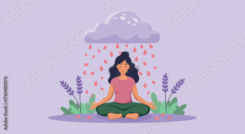 Pink silhouette illustration of a woman in a lotus position doing yoga and meditation for relaxation and health