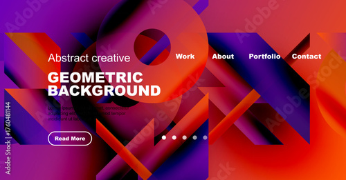 Vibrant abstract design. Geometric shapes blend with purple, red hues. Website header includes navigation options, text content.