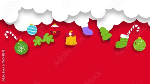 Flat Christmas background animation with hanging ornaments, socks, and candy canes on red backdrop, perfect for festive greetings or holiday intros.