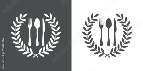 Logo restaurante. Silueta de cubiertos con corona triunfal de laurel