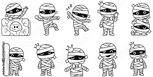 Cute mummy characters in various poses, perfect for Halloween designs and spooky fun themes