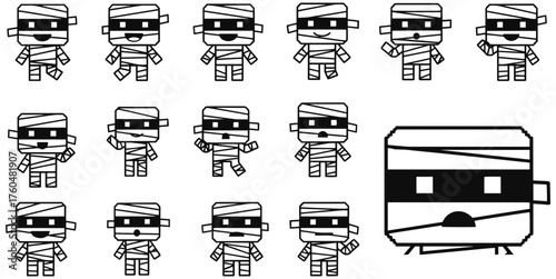 Cartoon mummy characters expressing emotions for Halloween designs and spooky projects
