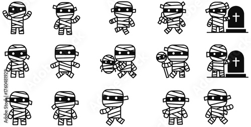 Halloween fun with spooky mummy characters in different poses and actions outlined