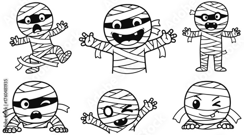 Cute cartoon mummy characters, Halloween spooky fun for kids, playful holiday spirit